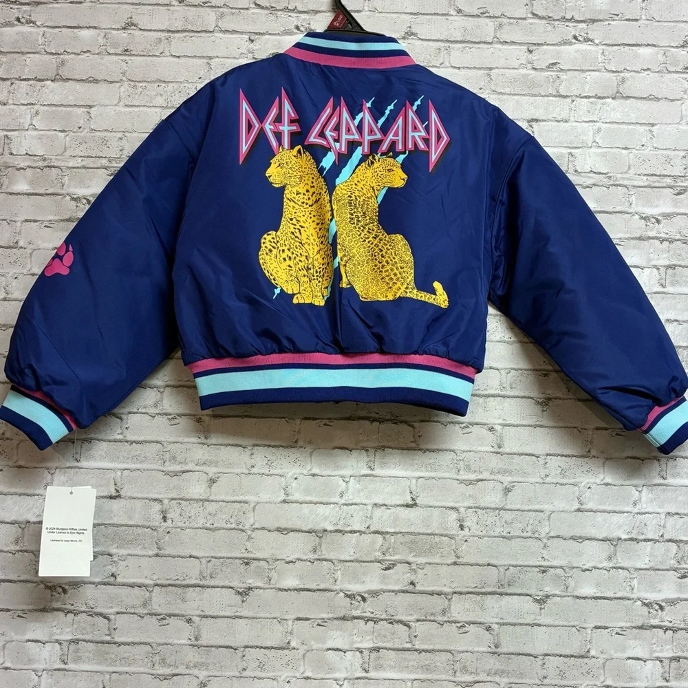 DEF LEPPARD GIRLS Size 6/6X Bomber Biker Jacket Blue Pink NWT NEW
